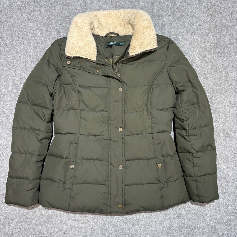Lauren Ralph Lauren Olive Green Quilted Puffer Jacket Faux Fur Collar Womens S